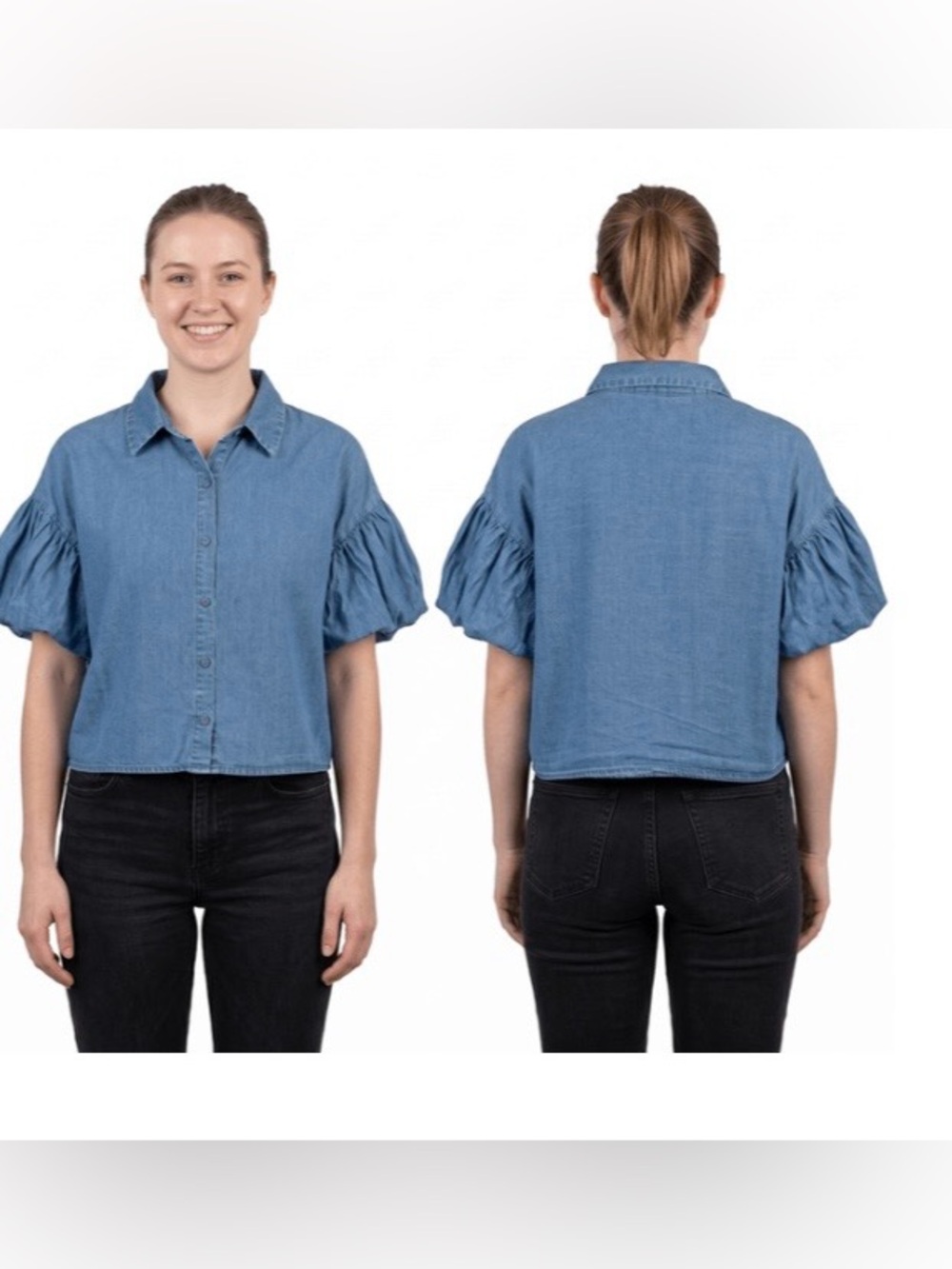 Inner Circle NWT Denim puff sleeved button down blouse. P-P 24 inches; 💙💙